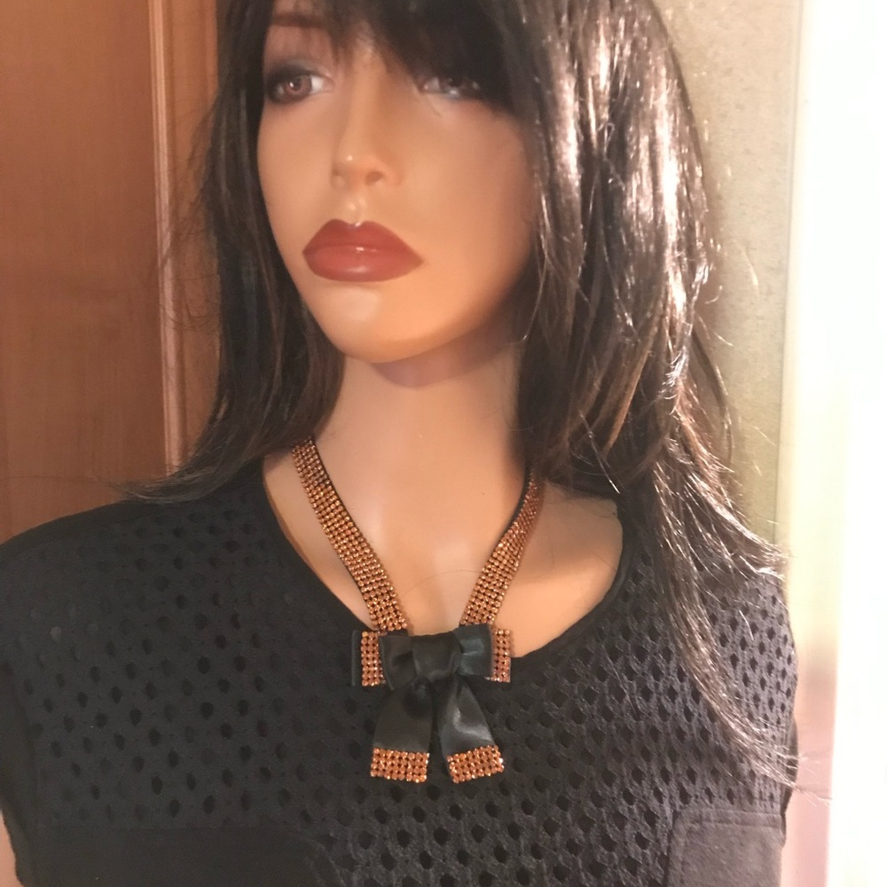 Alzerina Hand Made Black Satin Bowtie Necklace with Copper Crystals. - Picture 3 of 8